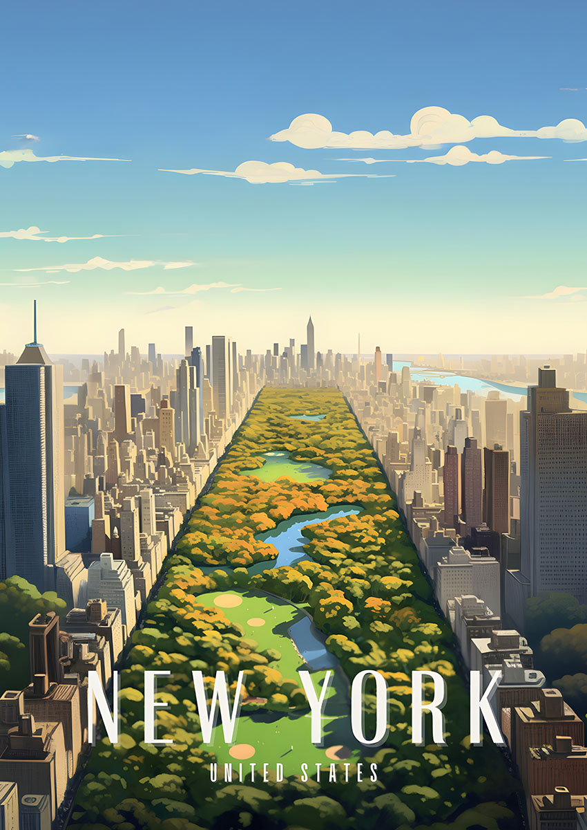 Artwork of New York City skyline with Central Park stretching through the centre.